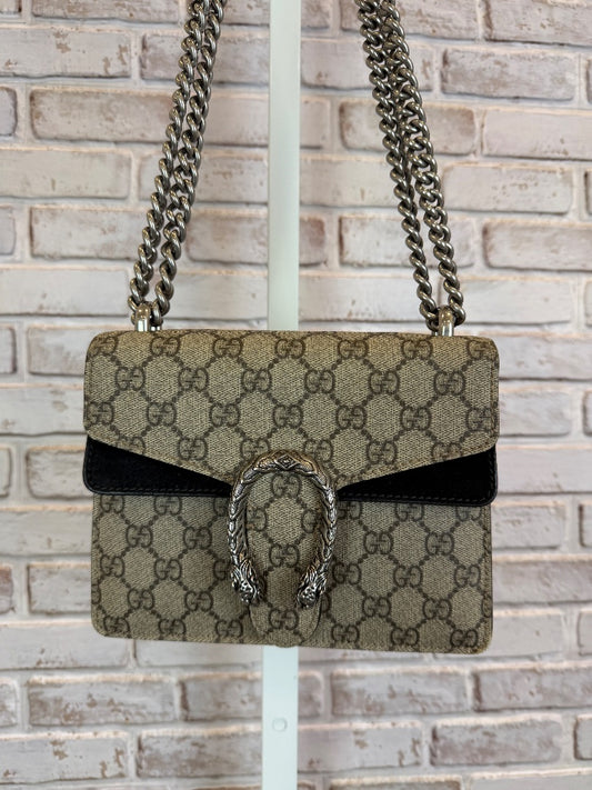 Gucci GG Supreme Monogram Suede Crystal Small Dionysus Shoulder Bag Beige Ebony Black interior Handbag, Beige Ebony Taupe, One Size, Used - Excellent