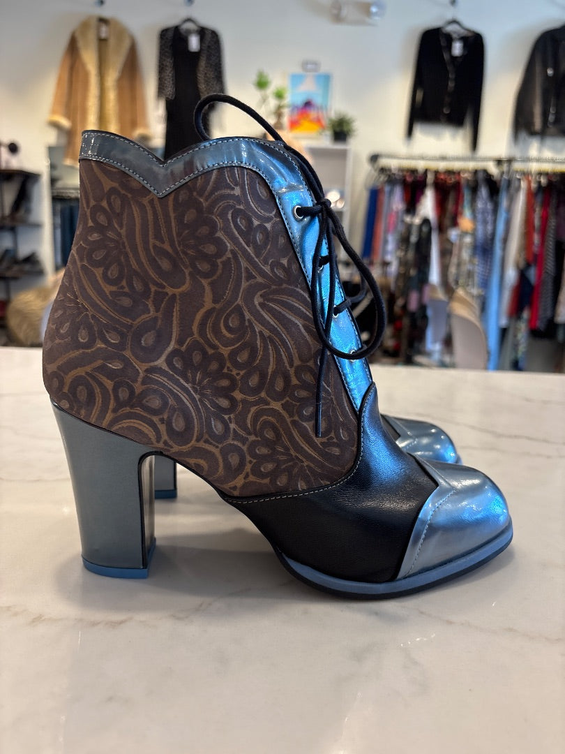 John Fluevog Booties, Brown/blue, 8.5