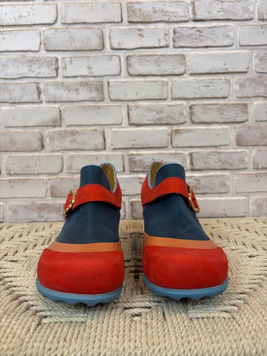 John Fluevog Faith – Red/Blue, Size 9.5 – Brand New Condition