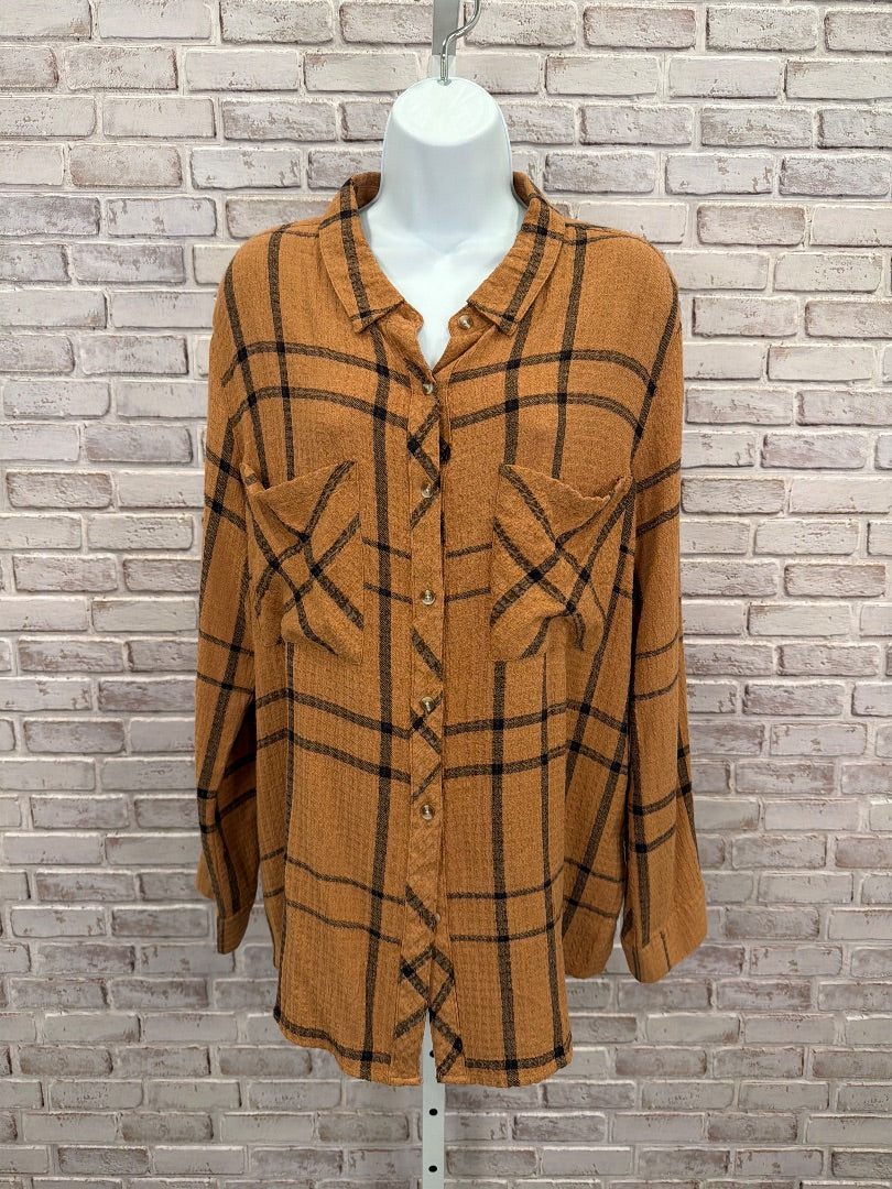 Grace & Lace Shirt, tan/black plaid, Large, Used - Good