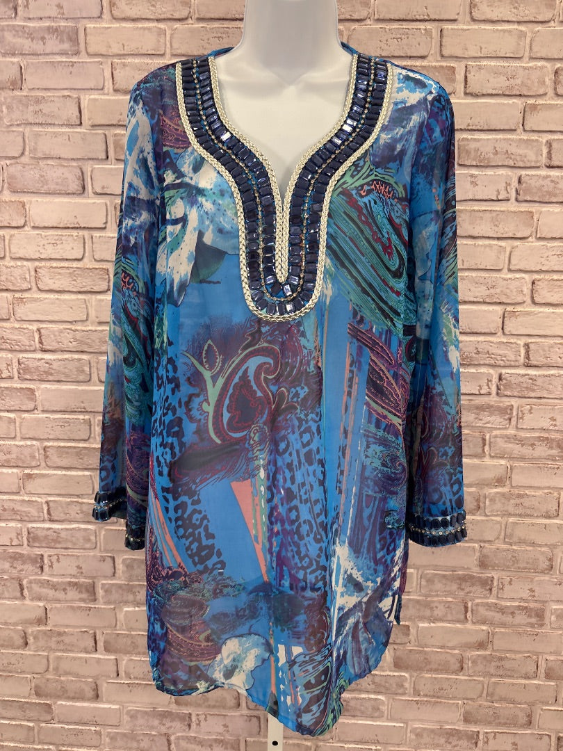Adrienne Vittadini Shirt, Blue multi, Medium, Used - Good