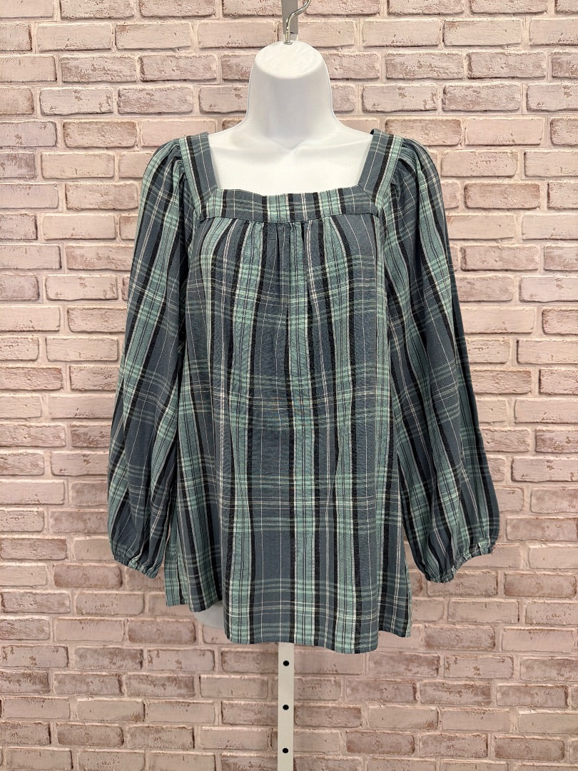 Lauren Conrad Shirt, Teal plaid, Small, Used - Good