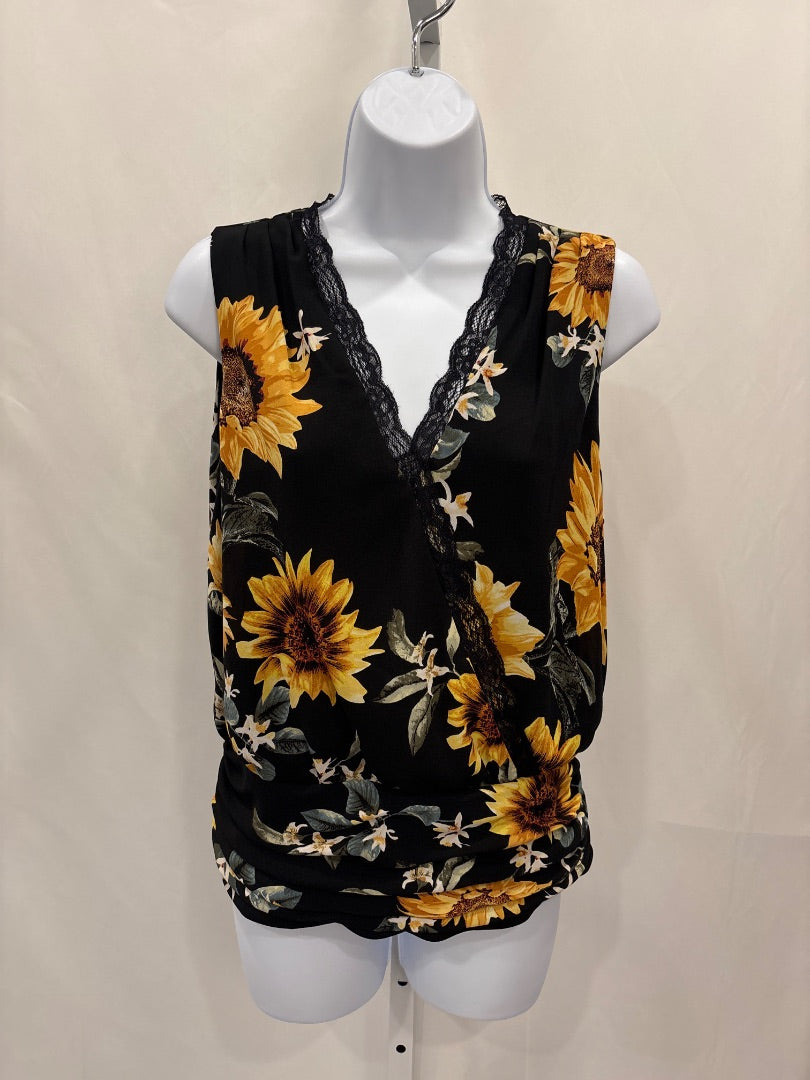 White House Black Market Shirt, Black/sunflowers, Medium