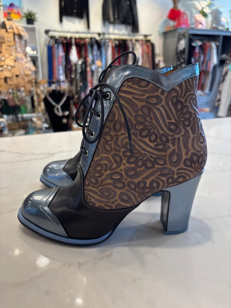 John Fluevog Booties, Brown/blue, 8.5