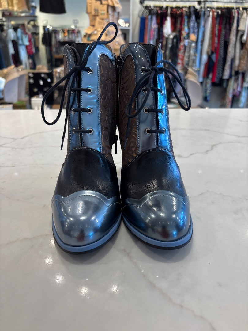 John Fluevog Booties, Brown/blue, 8.5