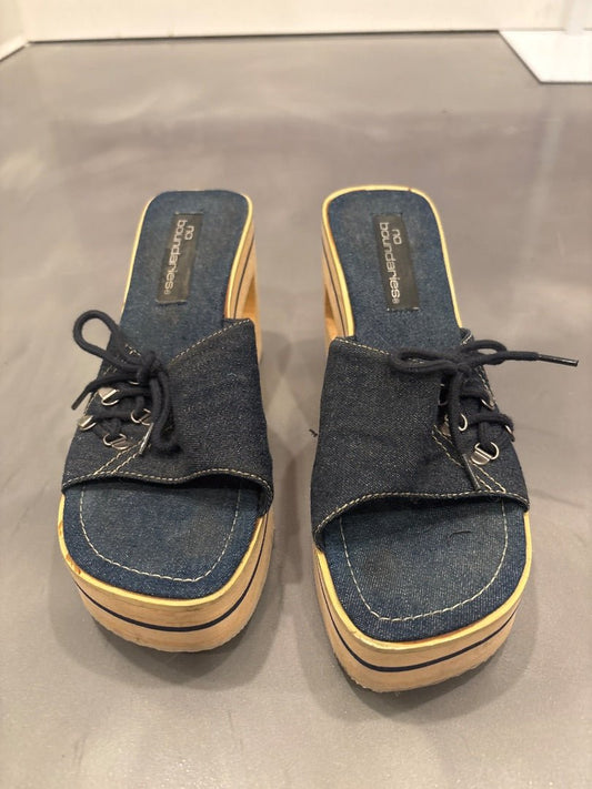 No boundaries Platform Heels, Denim/wood, 8.5, Used - Good - Chill Boutique Consignment
