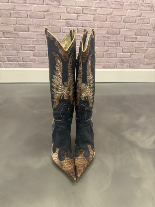 Tsakiris Mallas Boots, Denim/snakeskin, 7.5, As Is