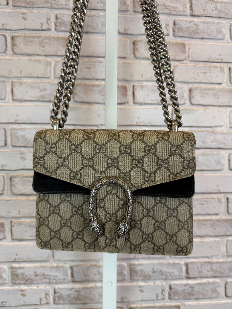 Gucci GG Supreme Monogram Suede Crystal Small Dionysus Shoulder Bag Beige Ebony Black interior Handbag, Beige Ebony Taupe, One Size, Used - Excellent