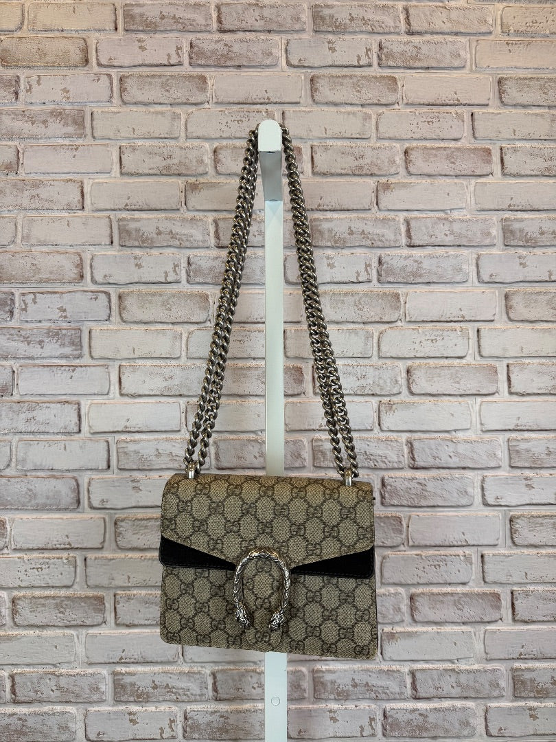 Gucci GG Supreme Monogram Suede Crystal Small Dionysus Shoulder Bag Beige Ebony Black interior Handbag, Beige Ebony Taupe, One Size, Used - Excellent