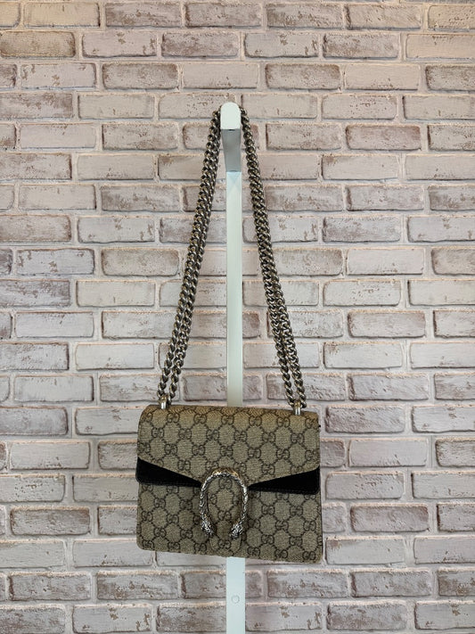 Gucci GG Supreme Monogram Suede Crystal Small Dionysus Shoulder Bag Beige Ebony Black interior Handbag, Beige Ebony Taupe, One Size, Used - Excellent