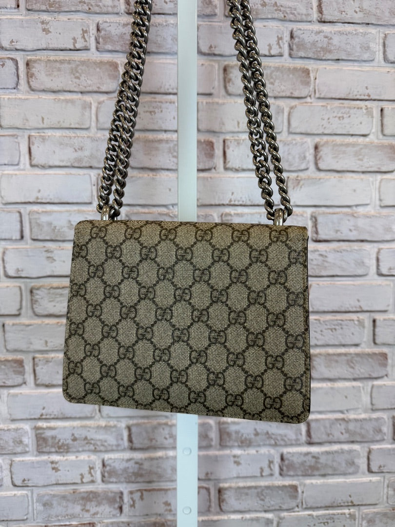 Gucci GG Supreme Monogram Suede Crystal Small Dionysus Shoulder Bag Beige Ebony Black interior Handbag, Beige Ebony Taupe, One Size, Used - Excellent