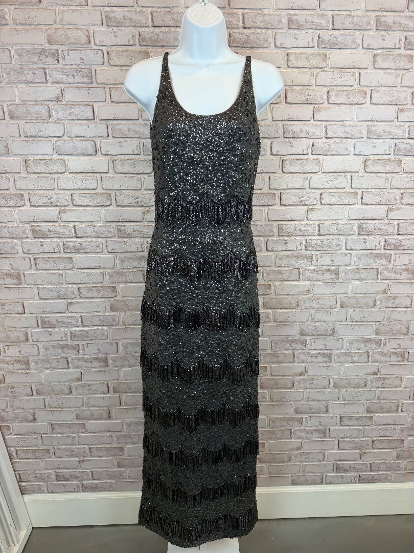 Bill Shelly’s Chez Royale Vintage 1960s Sequin and Beaded Fringe Dress, Black/charcoal grey, 12, Used - Excellent