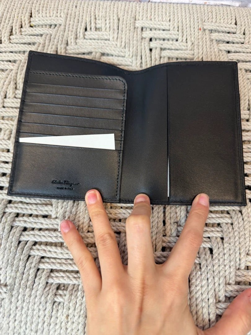 Salvatore Ferragamo Accessory - Wallet – Salvatore Ferragamo Gancini Monogram Passport Holder (Model IY-66A413), Black/beige, One Size, Like New