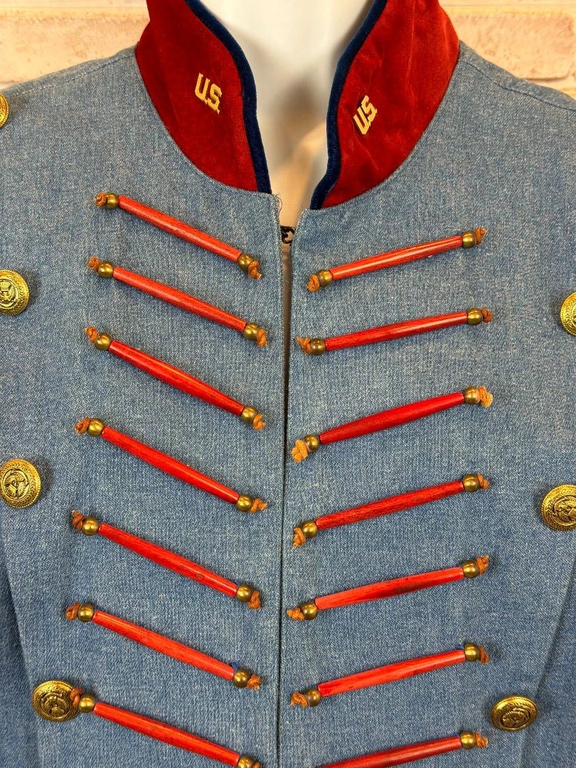 Double D Ranch Outerwear - Jacket / Coat – Vintage Double D Ranch Denim Fringe Western Military Jacket, Denim/red, Medium, Used - Excellent [Live 2.15]