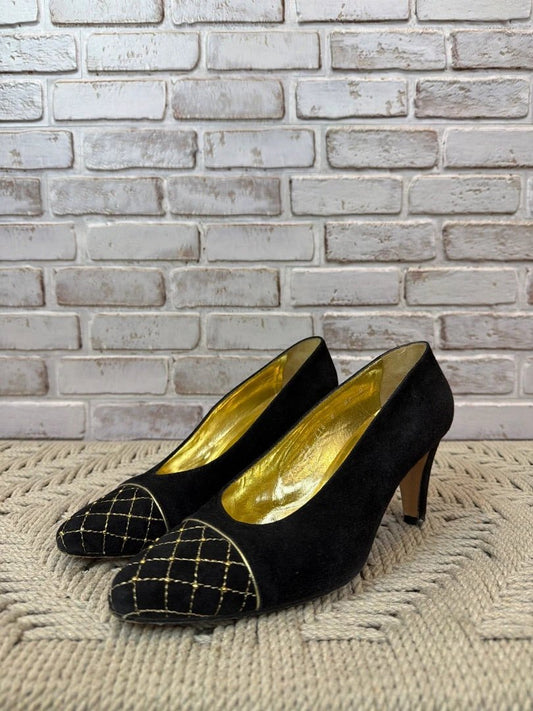 St John Shoes - Heels – Vintage St John Quilted Toe Heels, Black/gold, 8, Used - Excellent