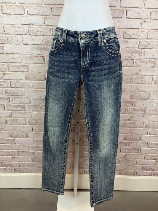 Miss Me Embroidered Cuffed Skinny Jeans, Denim, 28, Used - Excellent