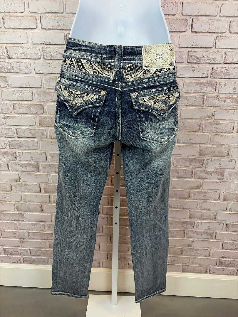 Miss Me Embroidered Cuffed Skinny Jeans, Denim, 28, Used - Excellent