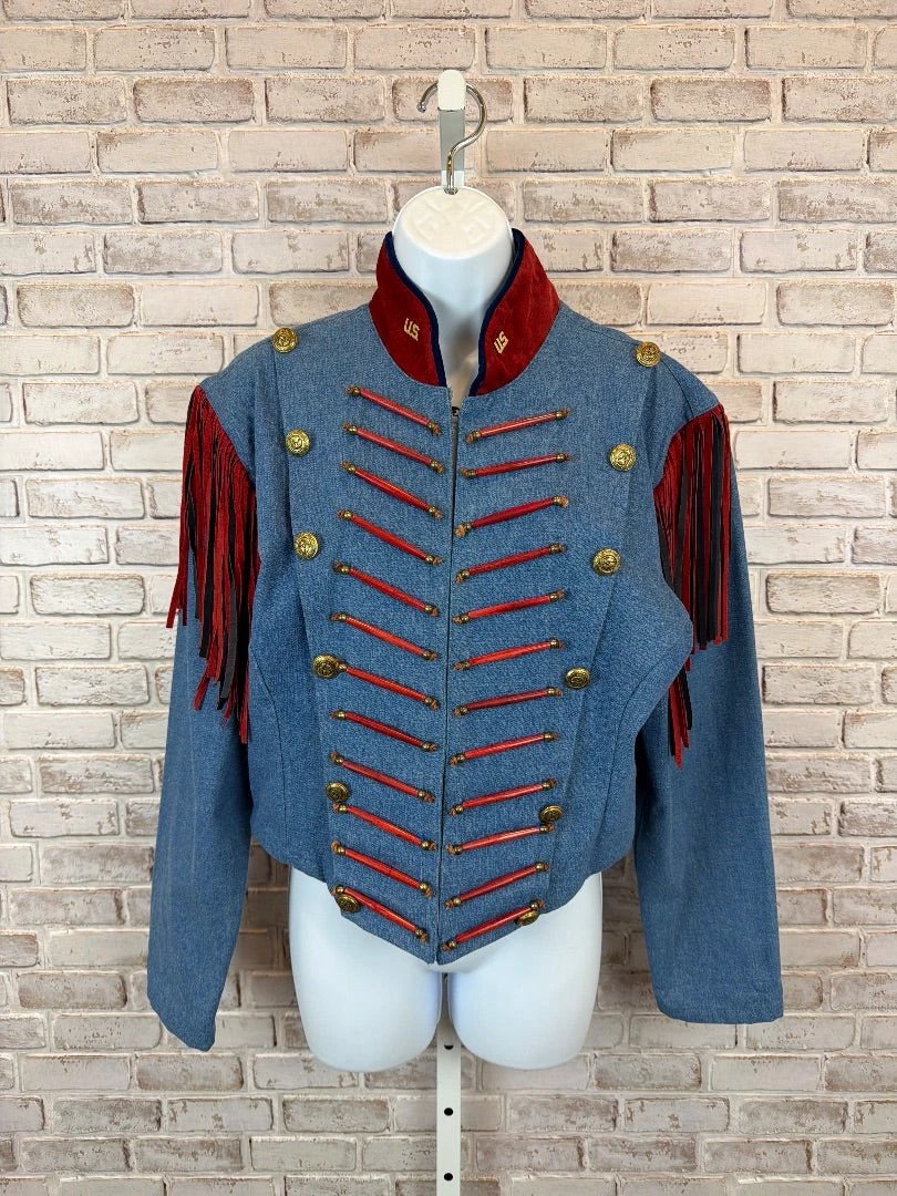 Double D Ranch Outerwear - Jacket / Coat – Vintage Double D Ranch Denim Fringe Western Military Jacket, Denim/red, Medium, Used - Excellent [Live 2.15]