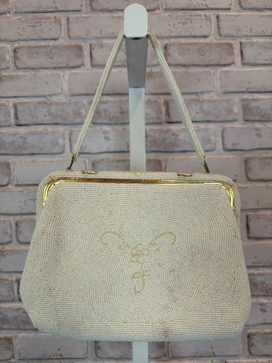 Beaded Handbag With Ornate Beading Detail – White – Fair Condition