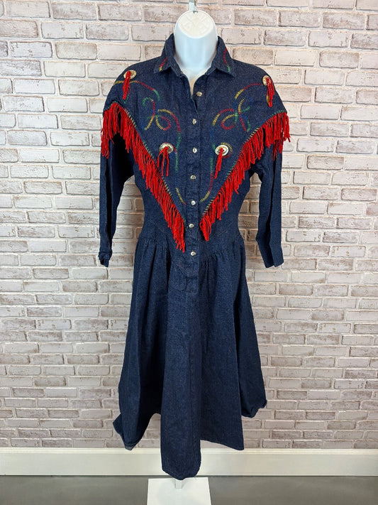 Vintage Circle T Denim & Fringe Dress, Denim multi, 8, Used - Excellent