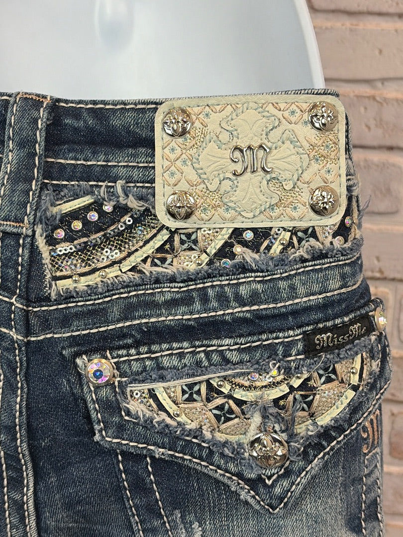 Miss Me Embroidered Cuffed Skinny Jeans, Denim, 28, Used - Excellent