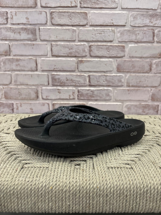 Oofos Flip flops, Black leopard, 8, Used - Good