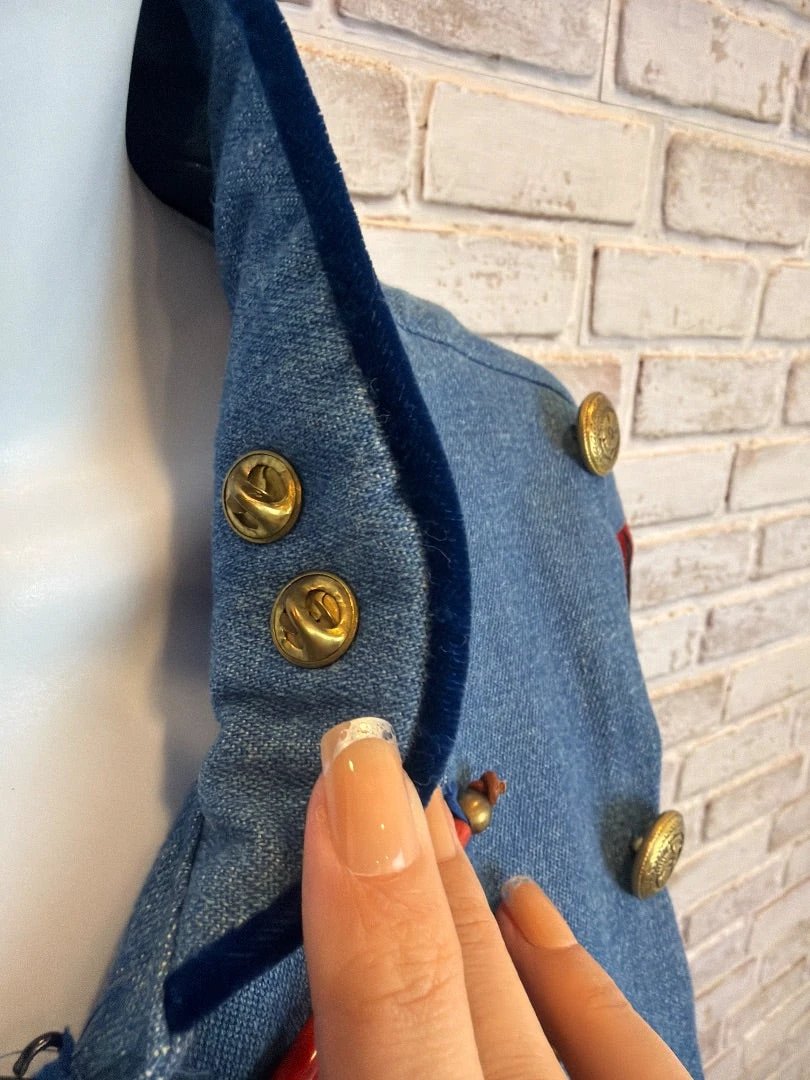 Double D Ranch Outerwear - Jacket / Coat – Vintage Double D Ranch Denim Fringe Western Military Jacket, Denim/red, Medium, Used - Excellent [Live 2.15]