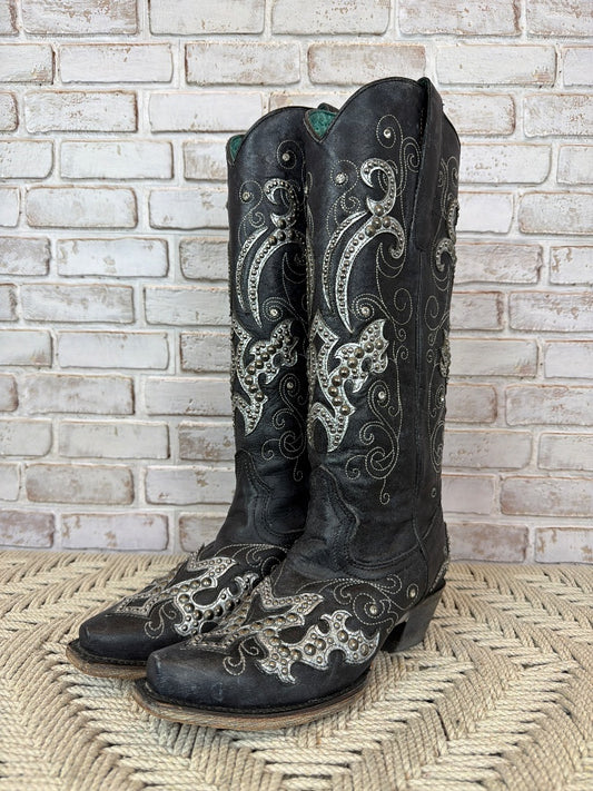 Corral Overlay Embroidery & Studs Cowgirl boots, Black/silver, 7.5, Used - Excellent