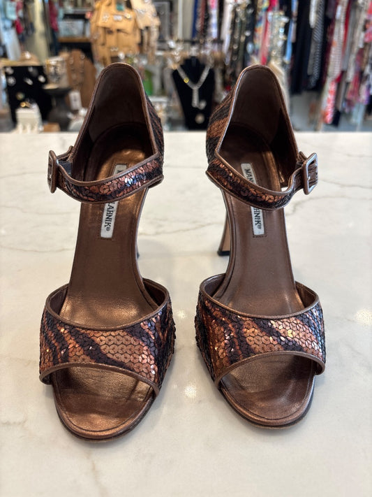 Manolo Blahnik Heels, bronze animal, 8.5
