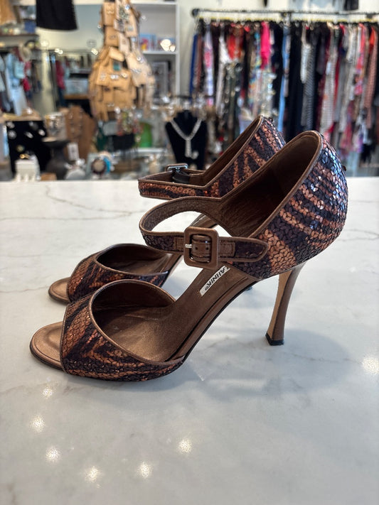 Manolo Blahnik Heels, bronze animal, 8.5