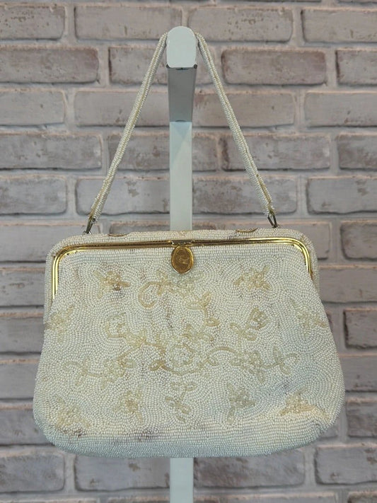 Beaded Handbag With Ornate Beading Detail – White – Fair Condition