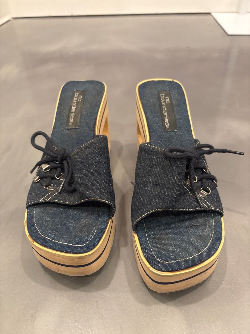 No boundaries Platform Heels, Denim/wood, 8.5, Used - Good - Chill Boutique Consignment
